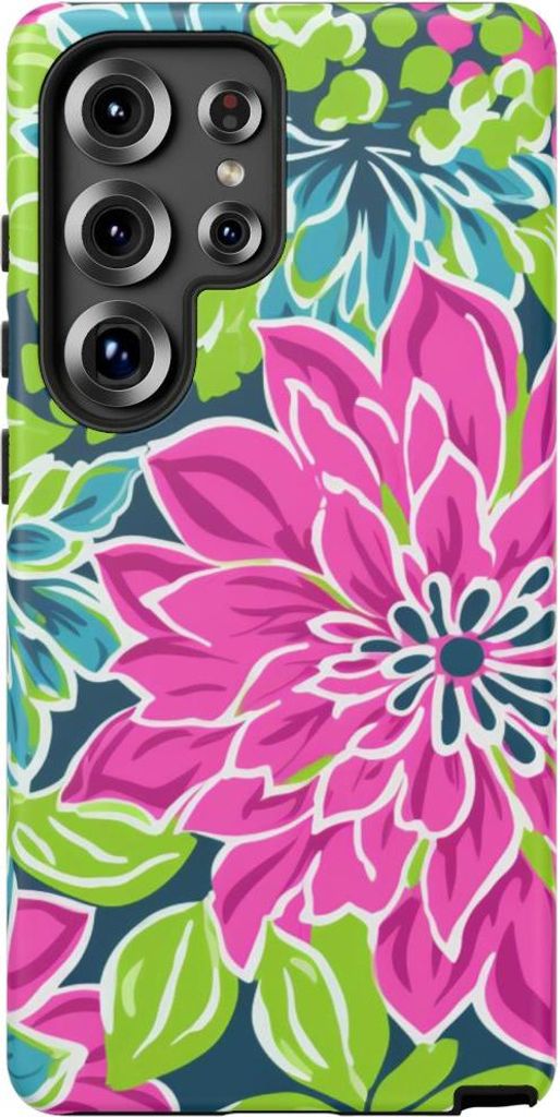 Strahlendes Blumenmuster mit pinken und blauen Blüten – Hülle Kompatibel mit Samsung Galaxy S25 Ultra