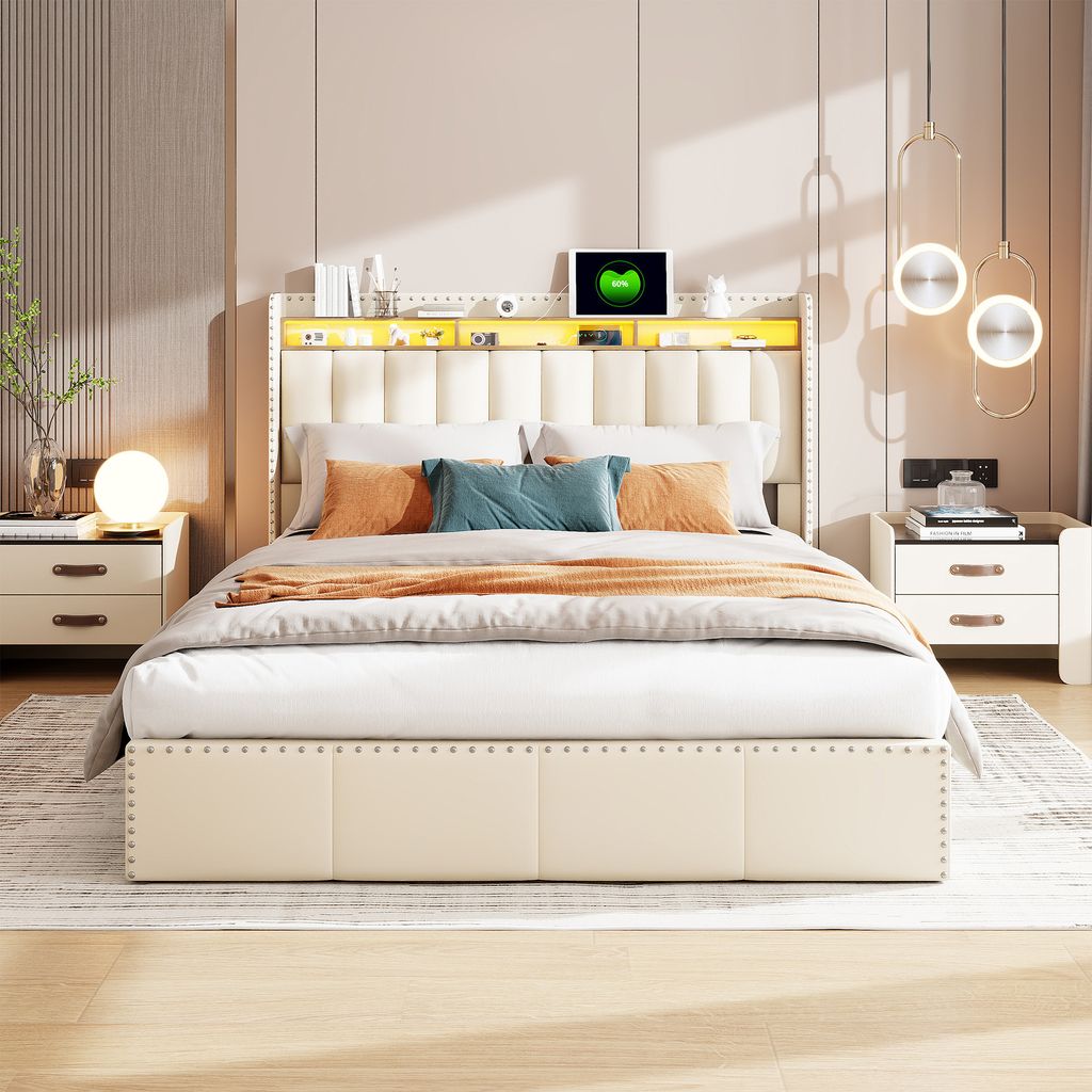 140 x 200 cm großes Bett mit Stauraum, LED-Beleuchtung, USB-Anschluss, Kopfteil mit Stauraum, stabile Konstruktion, Beige