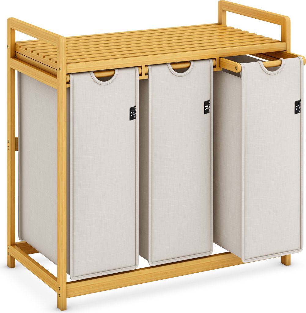 Adel Dream Wäschekorb mit Bambusrahmen, 150 l, 3 Fächer,Bambus Wäschesammler,laundry baskets,Bogendesign Wäschesortierer Hellgrau