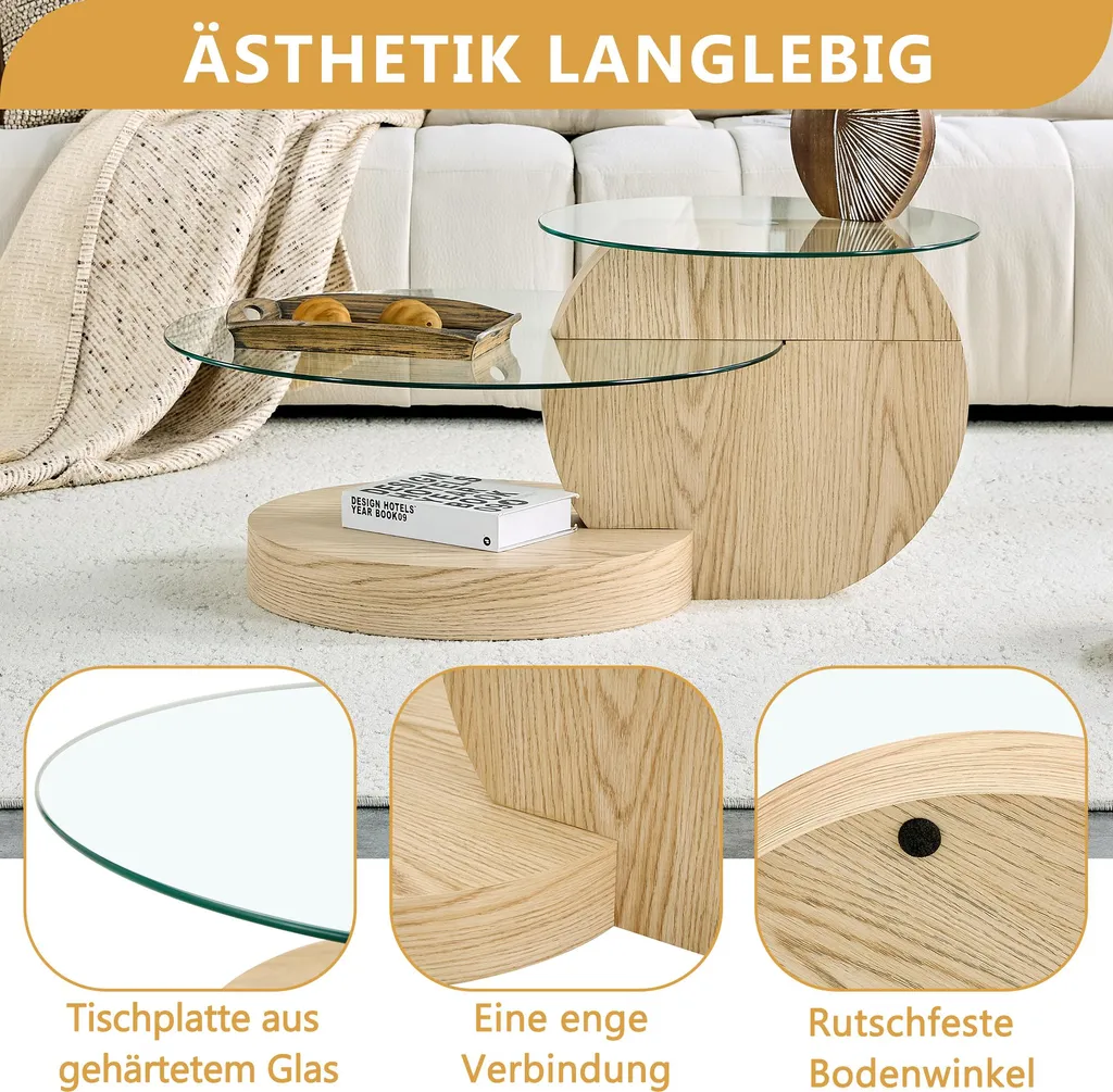 Table basse en verre de sécurité et MDF stable aspect bois clair