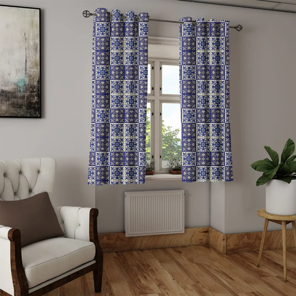 Tenda Lavabile ABAKUHAUS 280x245 - Motivo Floreale Blu Navy e Beige - 4