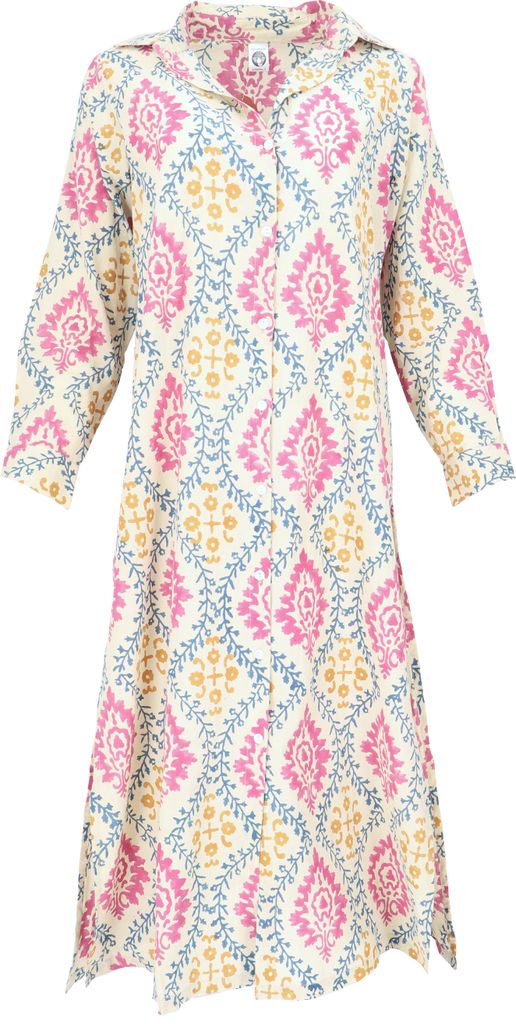 Boho Hemdkleid, Lange Geschlitzte Tunika Blockdruck- Beige/bunt, Damen, Creme-weiß, Baumwolle, Größe: S