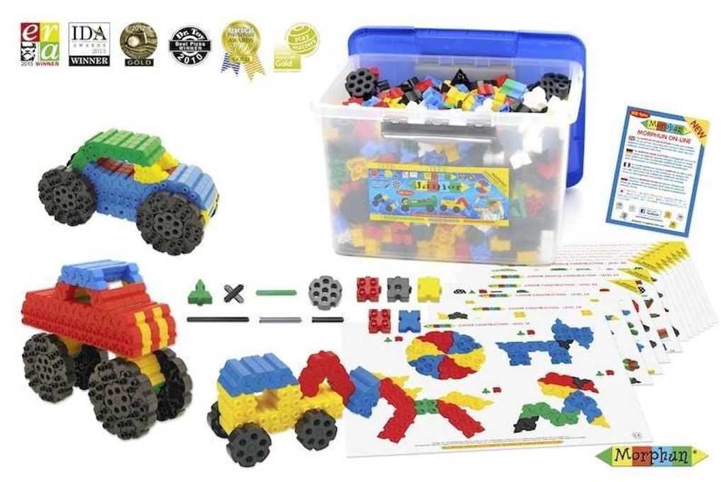 Morphun Junior Konstruktionsbausteine – 1000 Teile (ab 1 cm, bewegliche Achsen & Räder, 12×A3-Anleitungen, 30-l-Box) – Allseitig steckbar, ab...
