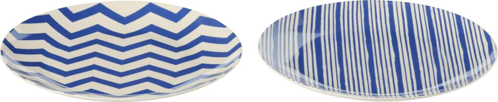 J-Line Boîte de 2 Assiettes à Dessert en Porcelaine Rayée Bleu Blanc
