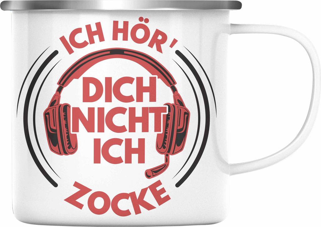 Trendation - Zocker Emaille Tasse Geschenk Ich Höre Dich Nicht Ich Zocke Gamer Geschenkidee Lustiger Spruch Gaming (Silber)