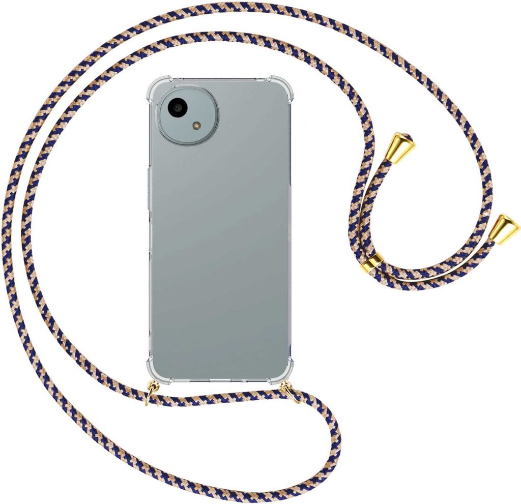 Handykette Backcover-Schutzhülle mit Band (Metall goldfarben) für Sharp Aquos wish 4 - blau+beige