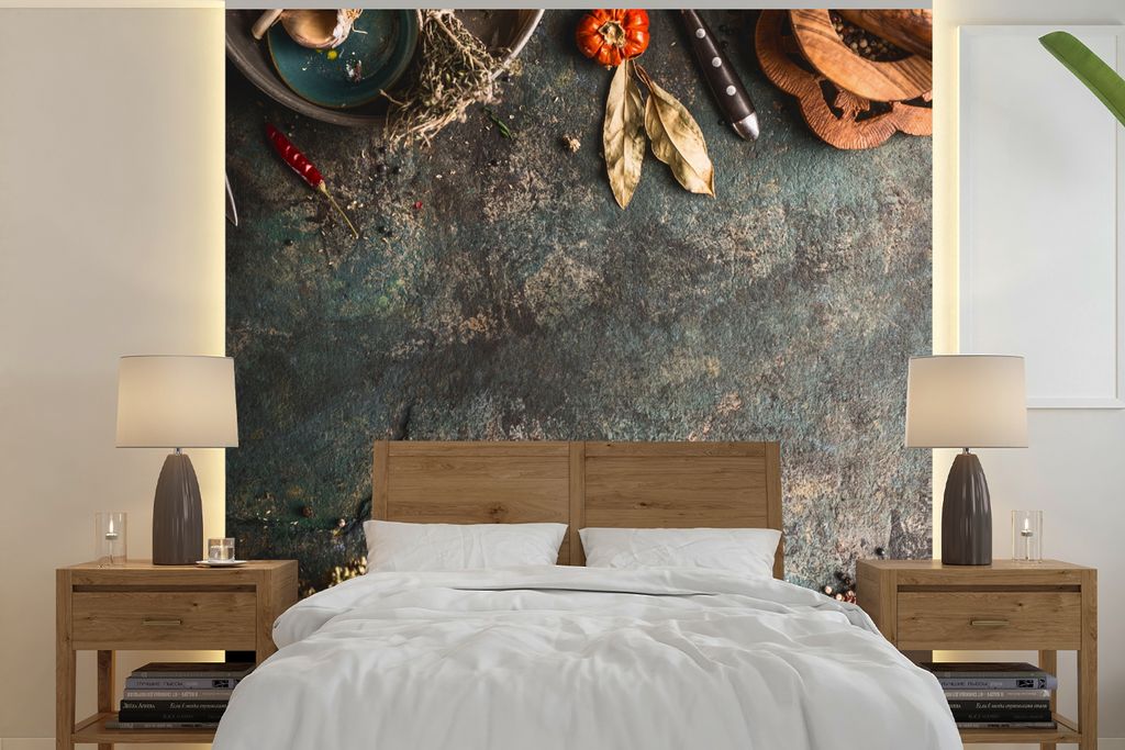 MuchoWow Fototapete für Wohnzimmer oder Schlafzimmer Wandtapete Vinyl Motivtapete Marmor - Gemüse - Herbst - Kürbis - Rustikal - Kräuter - 28...