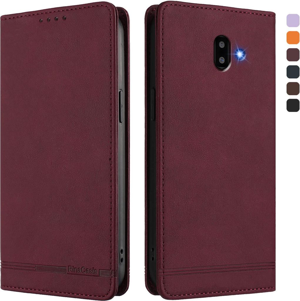 Hülle für Samsung Galaxy J6 Plus, Retro Kunstleder Ständer Klapphülle mit Kartenfächer und Magnetische Rot