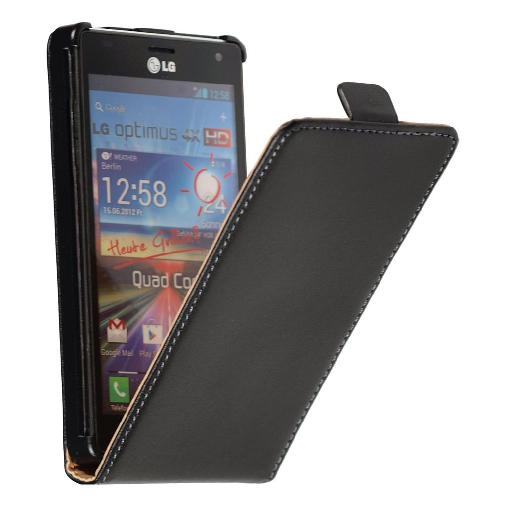 PhoneNatic Kunst-Lederhülle kompatibel mit LG Optimus 4X HD P880 - Flip-Case schwarz + 2 Schutzfolien