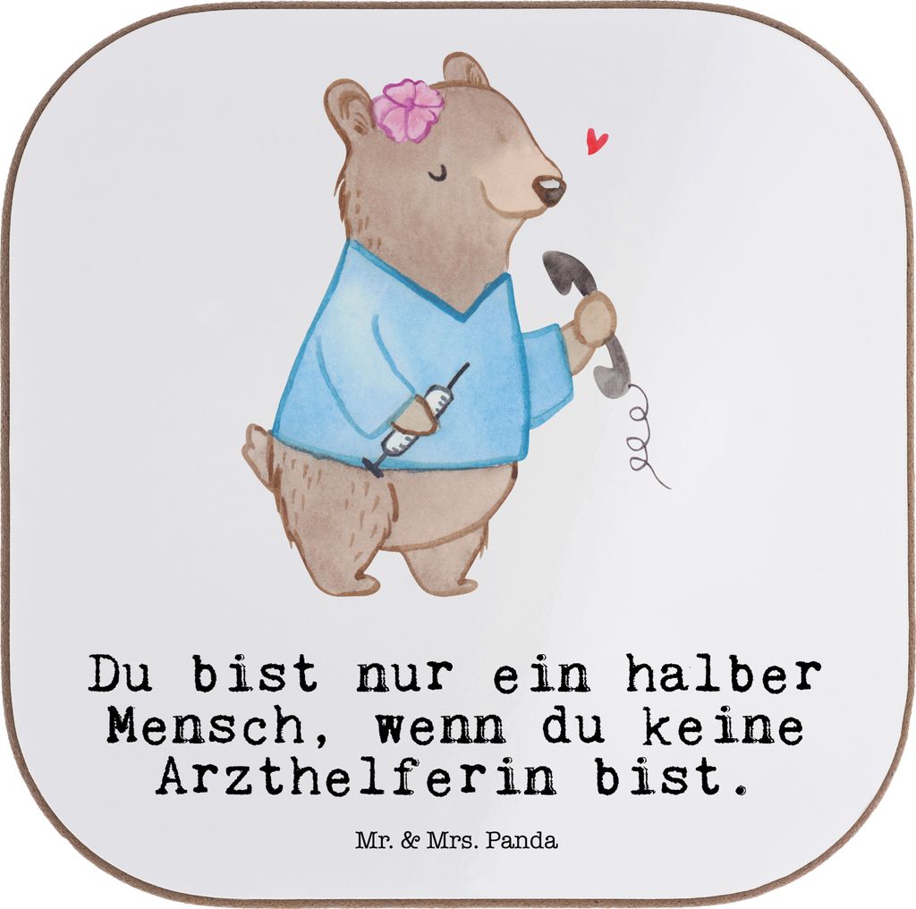 Mr. & Mrs. Panda Holzuntersetzer Arzthelferin Herz - Weiß - Geschenk, Spruch, Tischschoner, Ausbildung, Krankgeschrieben, weinuntersetzer, Kranken...