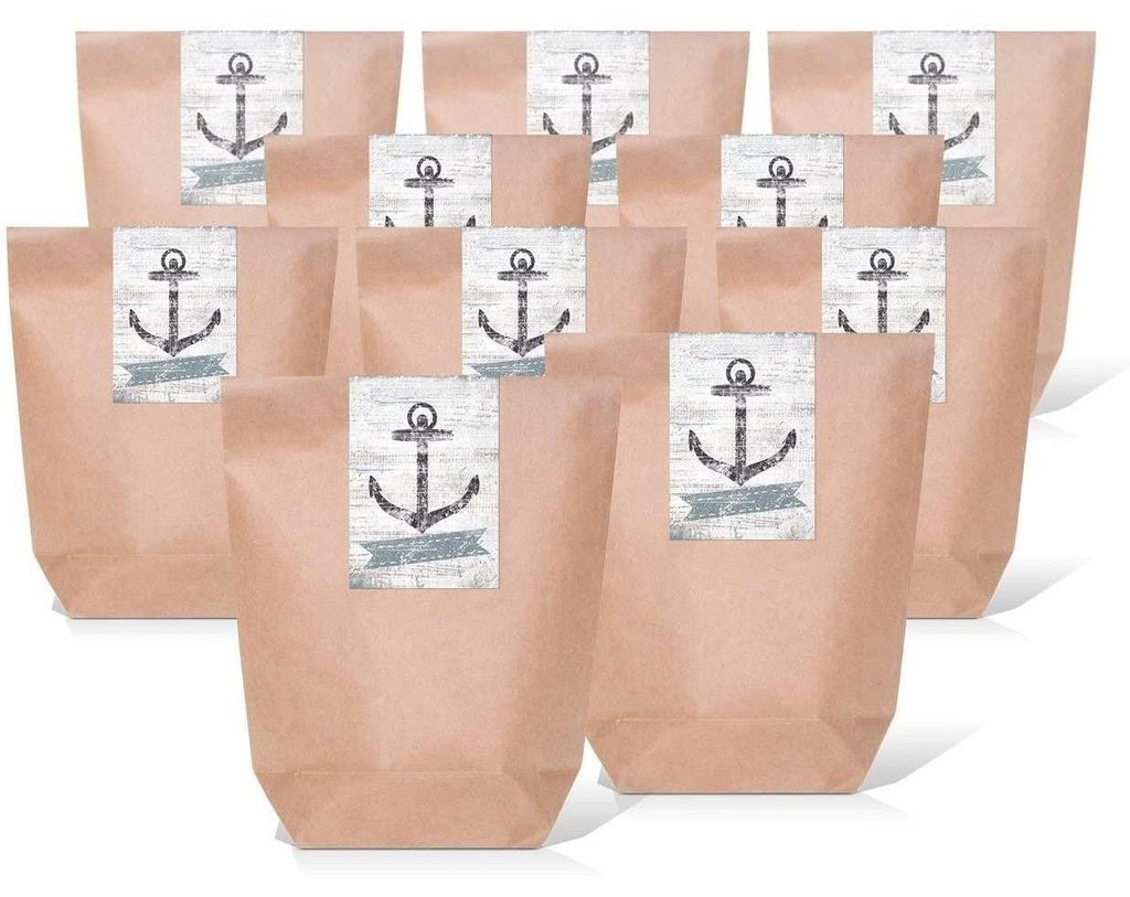 25 kleine braune natur Geschenktüten Papier-Tüten + beschreibbare Aufkleber WEISS KLEEBLATT Glücksbringer 14 x 22 x 5,6 cm Verpackung Geschenk H...