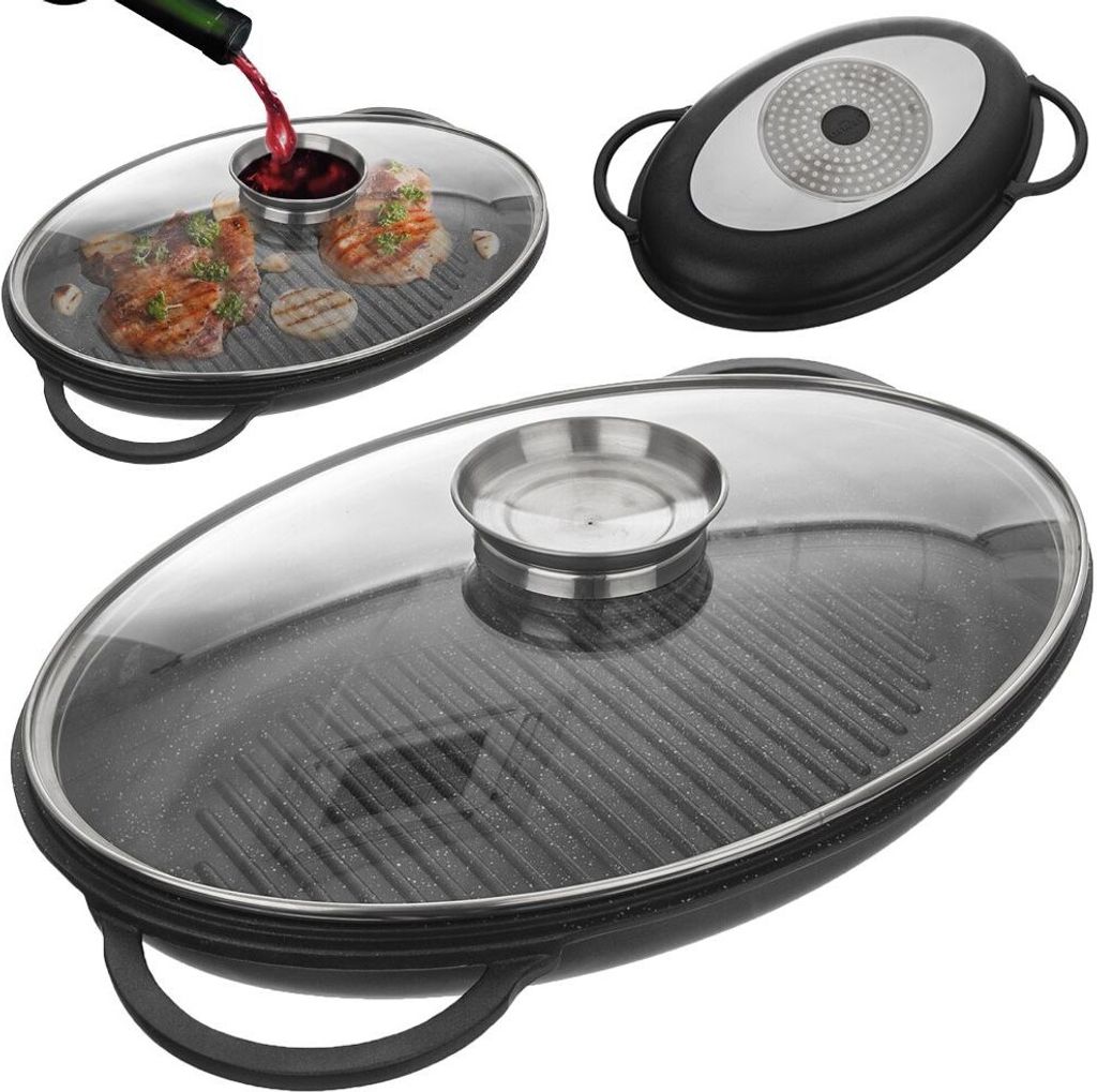 Orion Grillpfanne Bratpfanne mit Deckel tief mit Granitbeschichtung GRANDE AROMA 43x28x6 cm