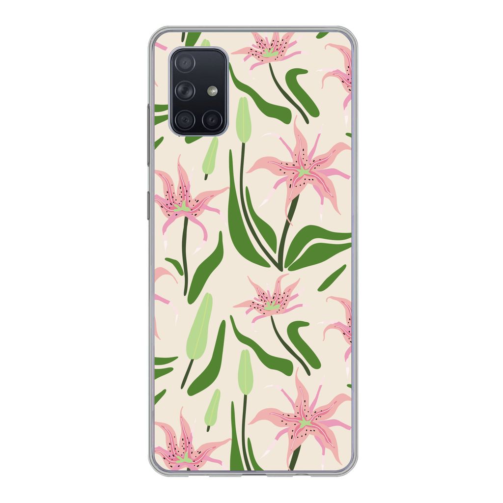 MuchoWow Handyhülle Schutzhülle Hülle für Samsung Galaxy A71 Blume - Rosa - Blatt Silikon Softcase Handy Hülle - Kartenbesitzer