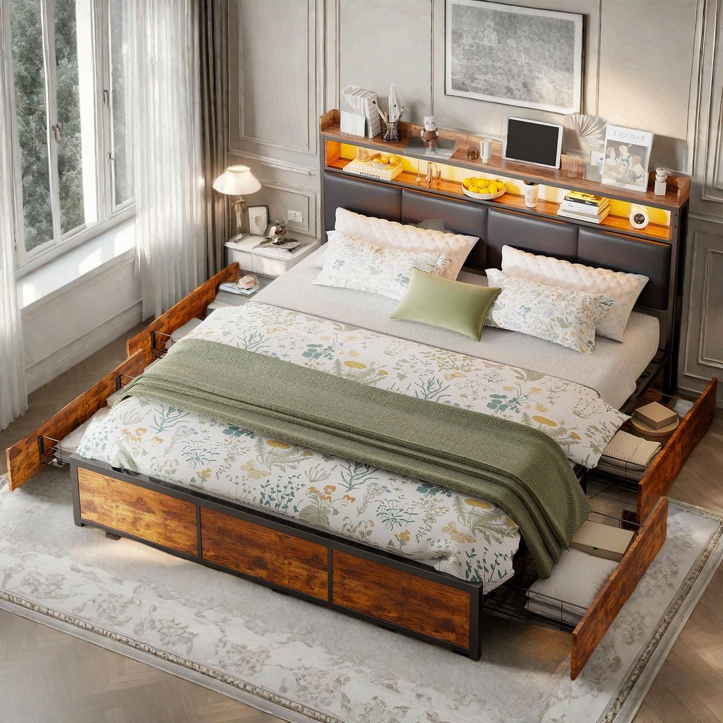 ProximaX Polsterbett 180x200cm mit USB und LED, Doppelbett Stauraumbett mit Nachttisch und 4 Schubladen, Holzbett Funktionsbett, Schwarz