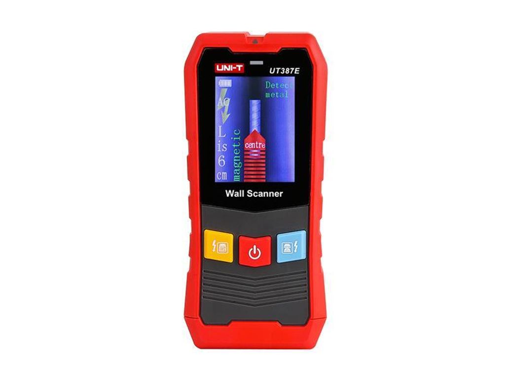 A red and black wall scanner device with a screen displaying a diagram.