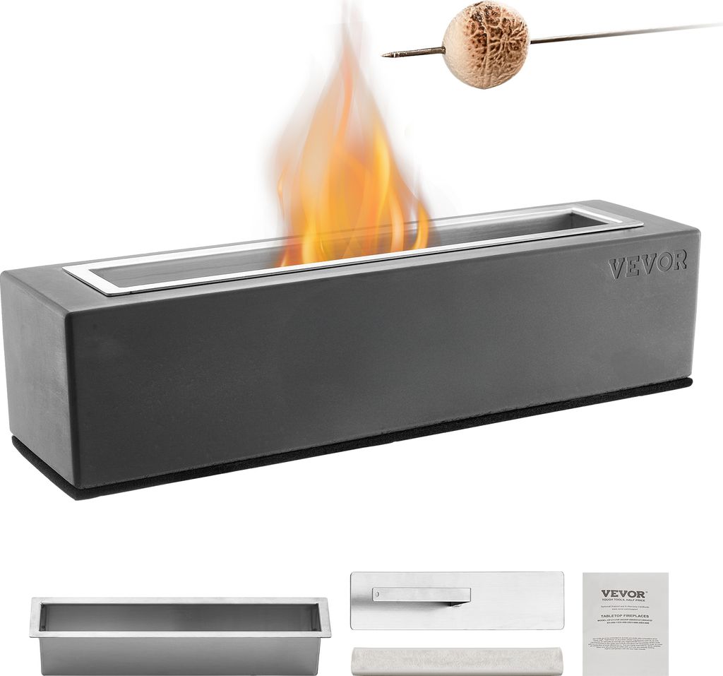 VEVOR Feuerstelle 380 x 100 x 135 mm, Beton, Tischkamin, Feuerkorb, Feuerschale für Terrasse und Balkon, mit Feuerlöscher-Abdeckung, eckig, hellgrau
