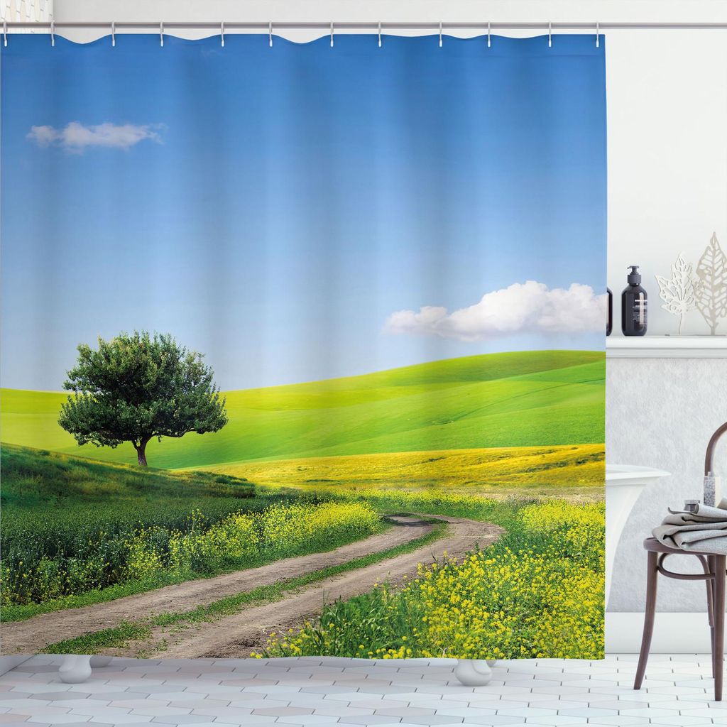 ABAKUHAUS Natur Duschvorhang, Ländliche Land-Landschaft mit Blumengras-Feld-Baum-Idyllischer Landschaft, 175 x 200 cm, Apfelgrün Blassblau