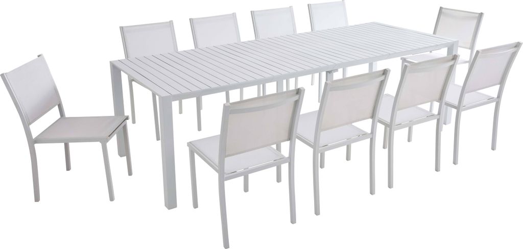 Ausziehbarer Aluminium-Gartentisch 52/260 cm und 10 weiße Stühle - Oviala Extensia