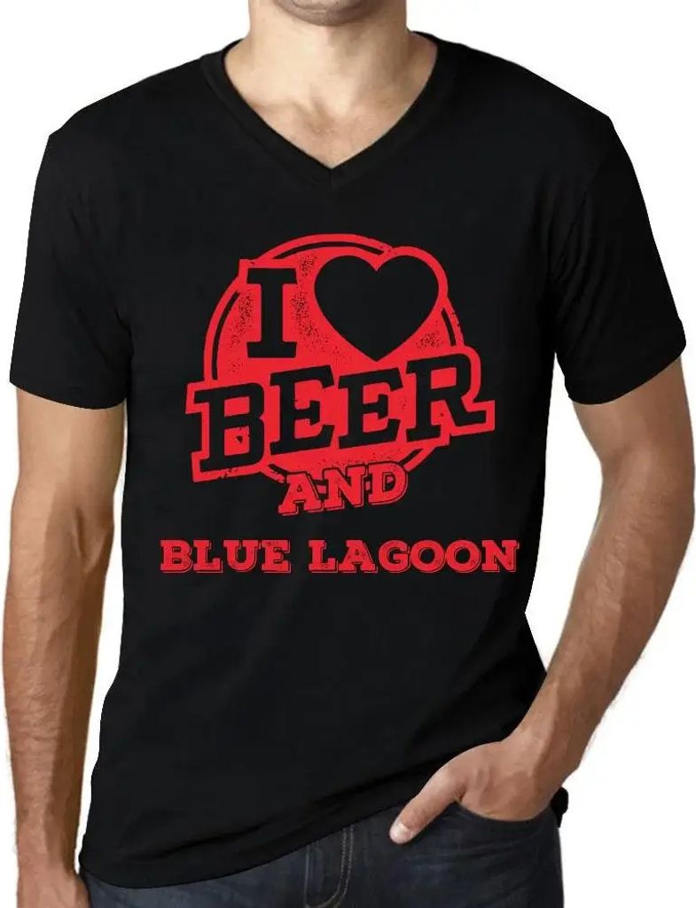 Herren Grafik T-Shirt V-Ausschnitt Ich liebe Bier und Blaue Lagune – I Love Beer And Blue Lagoon – Öko-Verantwortlich Vintage Jahrgang Kurzarm...
