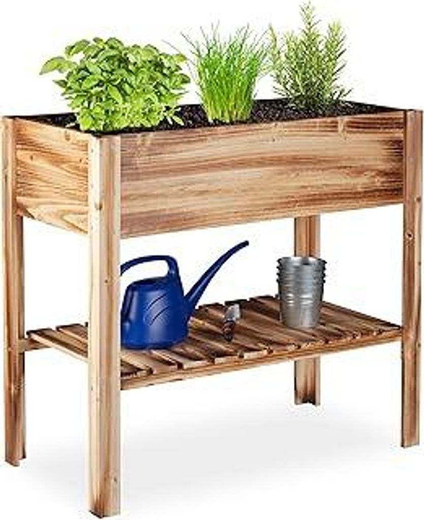 Hochbeet Holz, Ablagefach, Pflanzkasten Balkon, Terrasse, Garten, Kräuterbeet, HBT 80 x 88 x 43,5 cm, geflammt, Beige