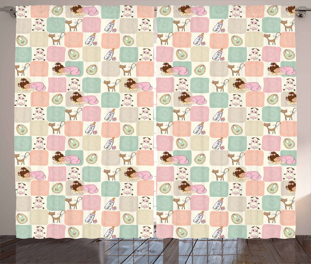 ABAKUHAUS Baby Rustikaler Gardine, Checkered Platz Katzen, Schlafzimmer Kräuselband Vorhang mit Schlaufen und Haken, 280 x 245 cm, Mehrfarbig