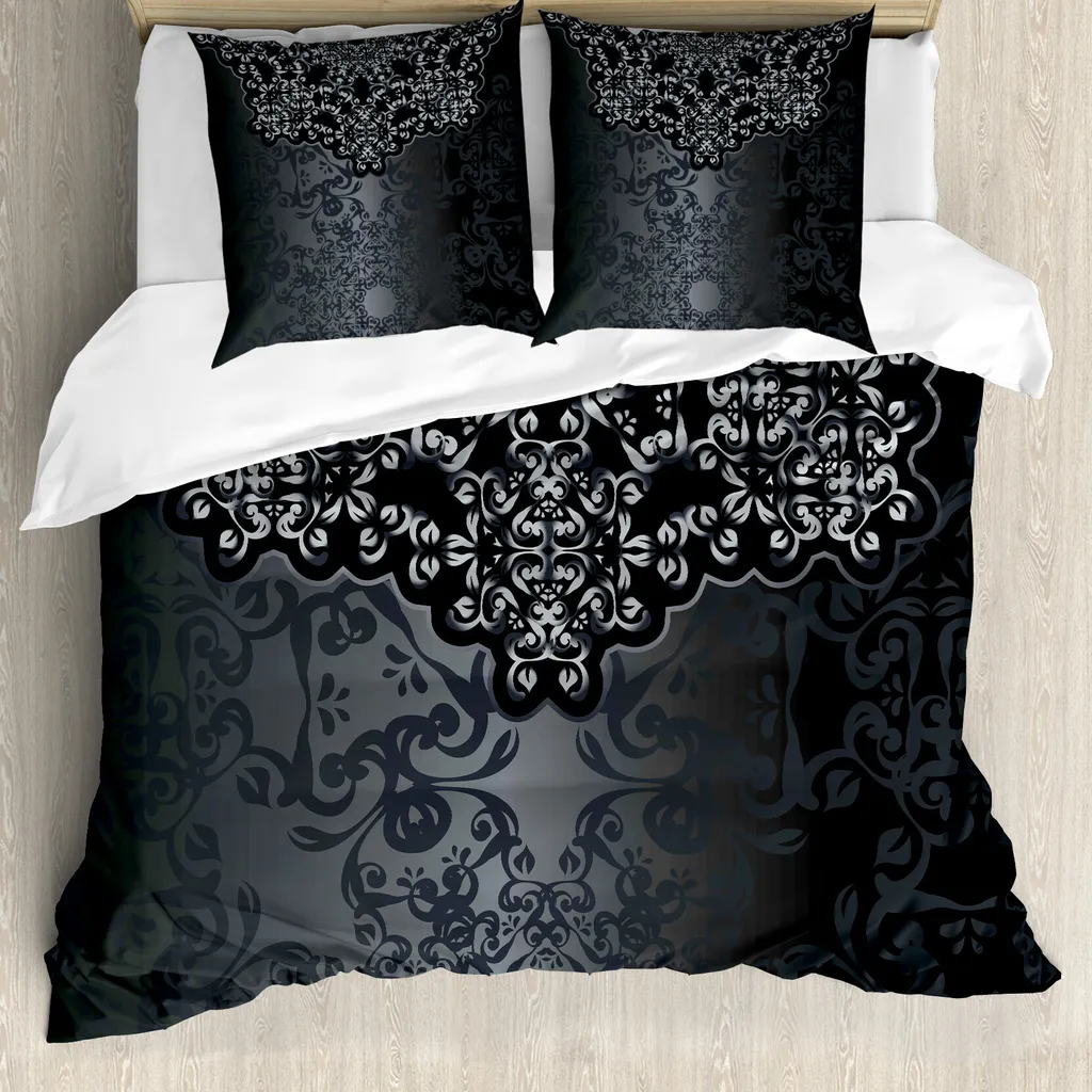 ABAKUHAUS Copripiumino grigio scuro, damasco vintage, antiacaro, adatto a chi soffre di allergie, con federe, 200 cm x 200 cm - 80 x 80 cm, grigio scuro, nero, marrone