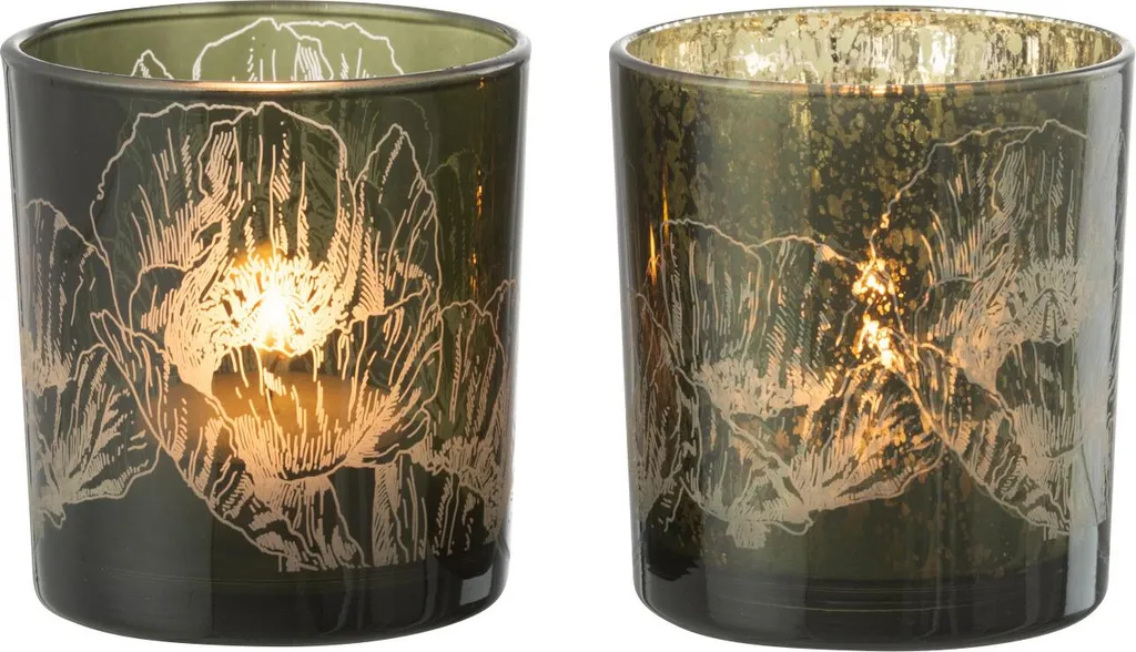 Bougeoir Fleurs Verre Vert Kaki J-Line Déco Chic - Lot 2 Petits Modèles