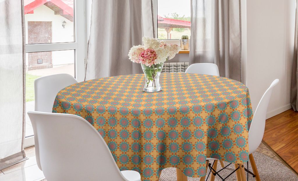 ABAKUHAUS orientalisch Runde Tischdecke, Blumenmotiv, Kreis Tischdecke Abdeckung für Esszimmer Küche Dekoration, 150 cm, Pale Orange Blau Grau