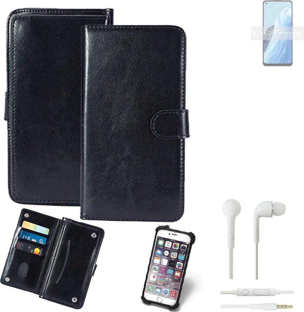 K-S-Trade 360° Hülle kompatibel mit Oppo Reno7 A 5G inkl. Headphones schwarz Kunstleder Case BookCase WalletCase Kunstlederederhülle Handyhülle,
