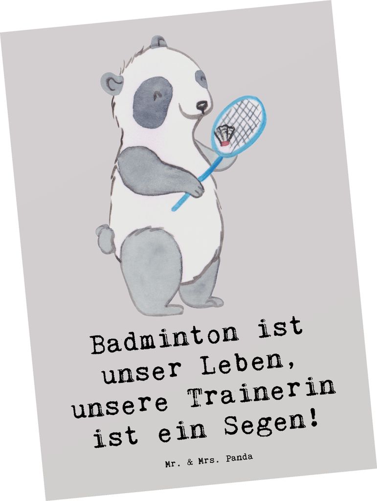 Mr. & Mrs. Panda Postkarte Badminton Trainerin - Grau Pastell - Geschenk, Grußkarte, Techniken, sorgfältig verarbeitet, einzelkarte, Coaching, Sp...