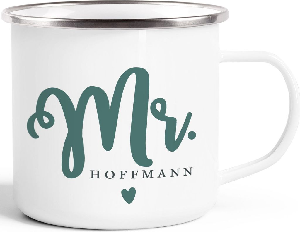 Emailletasse Becher Emaille Mr & Mrs personalisierbarer Nachname personalisierte Geschenke Hochzeitsgeschenk SpecialMe Mr weiß-metall Emailletasse