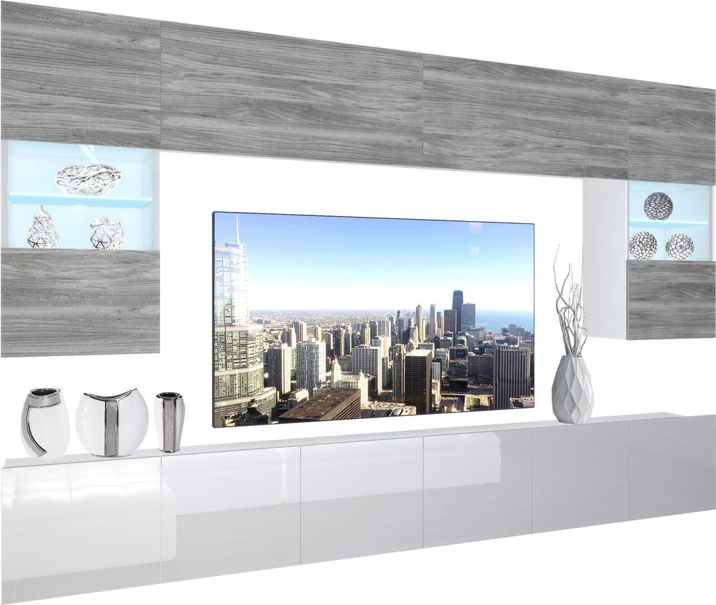 BELINI Wohnwand Vollausstattung Wohnzimmer-Set Moderne Schrankwand mit LED-Beleuchtung Weiß Glänzend Anbauwand TV-Schrank Glamour Holz / Weiß Gl...