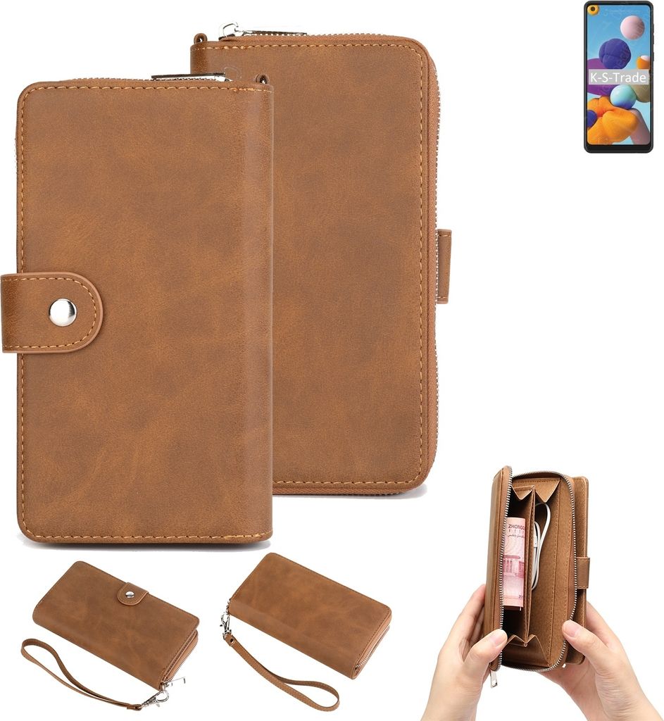 K-S-Trade Handyhülle Schutzhülle kompatibel mit Samsung Galaxy A21 & Portemonnee Tasche Handytasche Case Etui Geldbörse Wallet braun (1x)