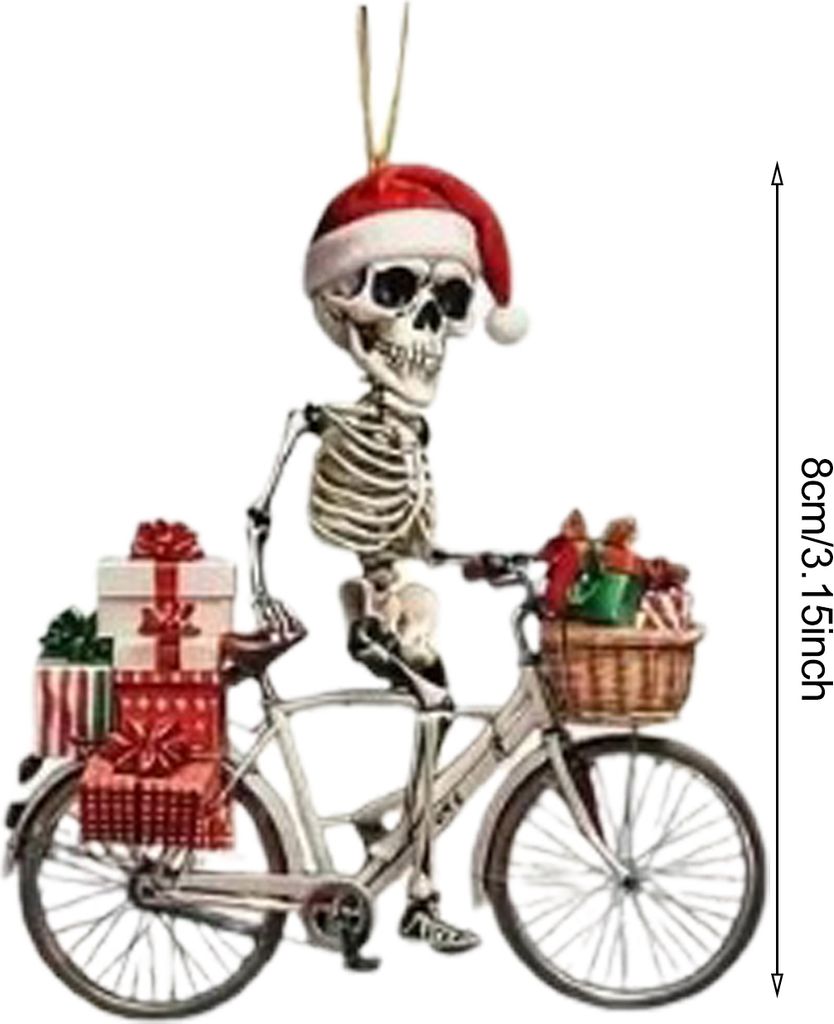 Weihnachten Schädel Ornament Santa Hut Skelett Reiten Fahrrad Acryl Anhänger Weihnachtsbaum Hängende Dekoration für Innen/Außen Dekor