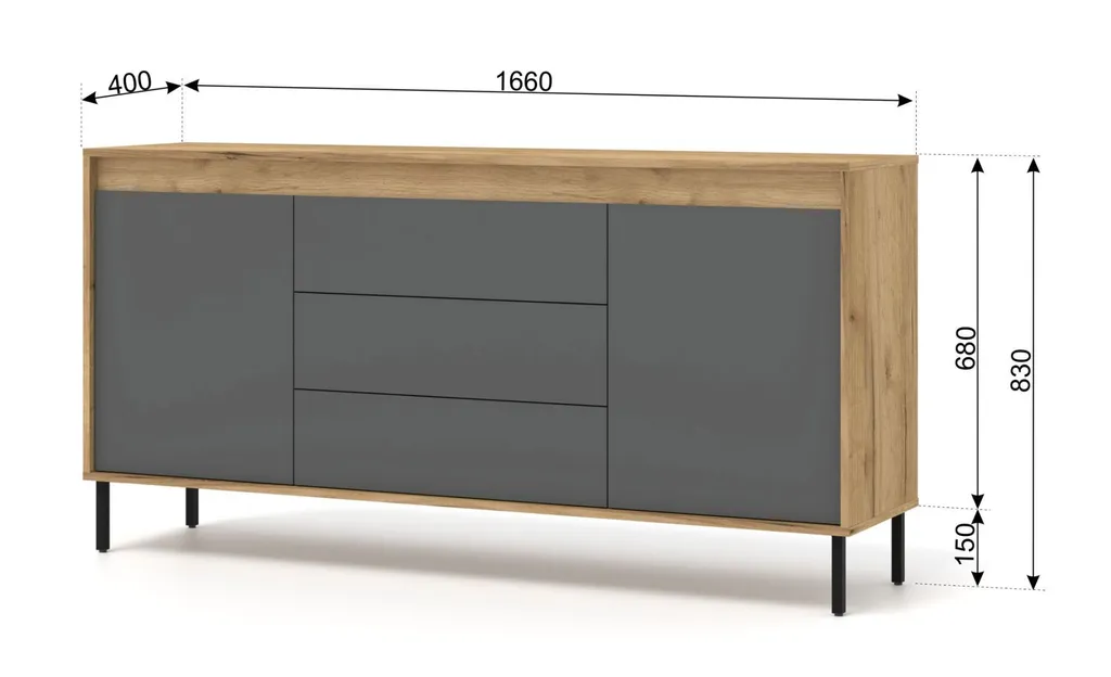 Commode Nesta 2D3S 166 cm Craft Gold et Basalt - Buffet avec 3 Tiroirs