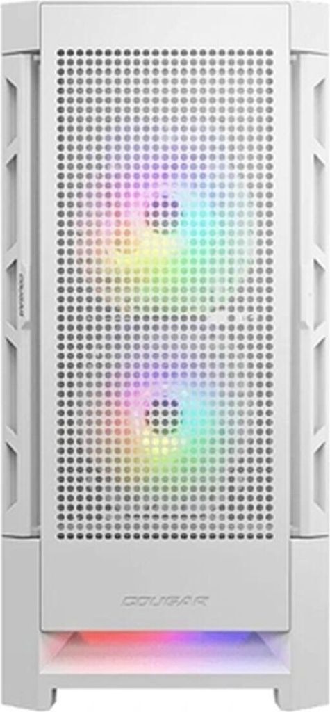 A white computer tower with RGB lighting visible through the front mesh.