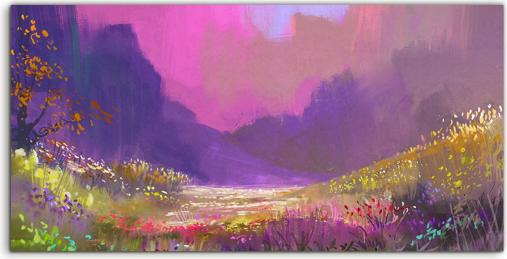 Coloray - Glasbild - 120x60 cm - Wandbild - Glasbilder - Kunst Berg Landschaft mit bunte Blumen