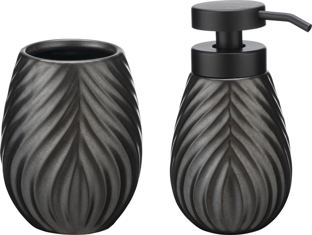 WENKO Bad-Accessoire Set Mod. Idro Anthrazit, 2-tlg., Seifenspender und Zahnputzbecher