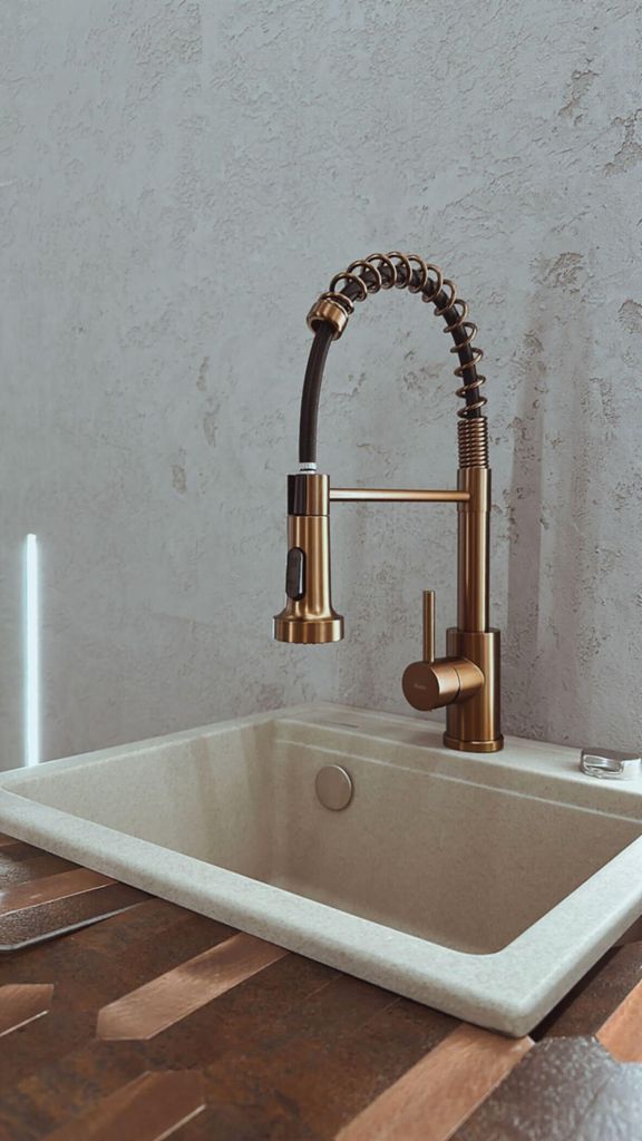 A close-up shot of a modern kitchen sink and faucet.