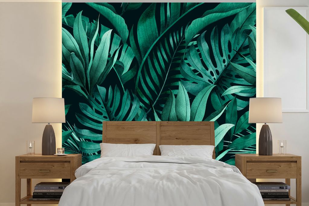 MuchoWow Fototapete für Wohnzimmer oder Schlafzimmer Wandtapete Vinyl Motivtapete Dschungel - Pflanzen - Blatt - Junge - Mädchen - Kind - 280x2...