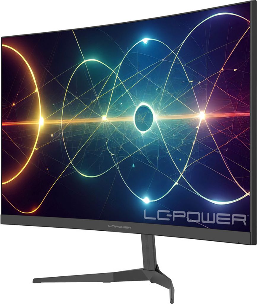A curved computer monitor with a futuristic, abstract wallpaper displayed.