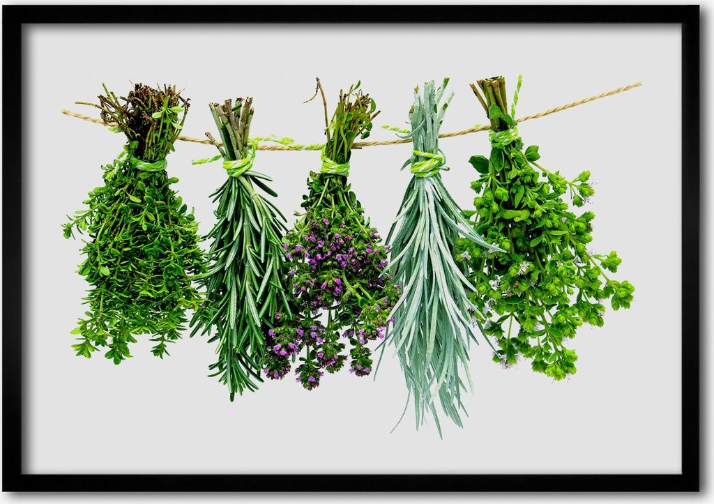 Bild - Bilderrahmen - 100 cm x 70 cm - MDF - Rahmen - Foto - Wandkunst Kräuter auf einer Schnur