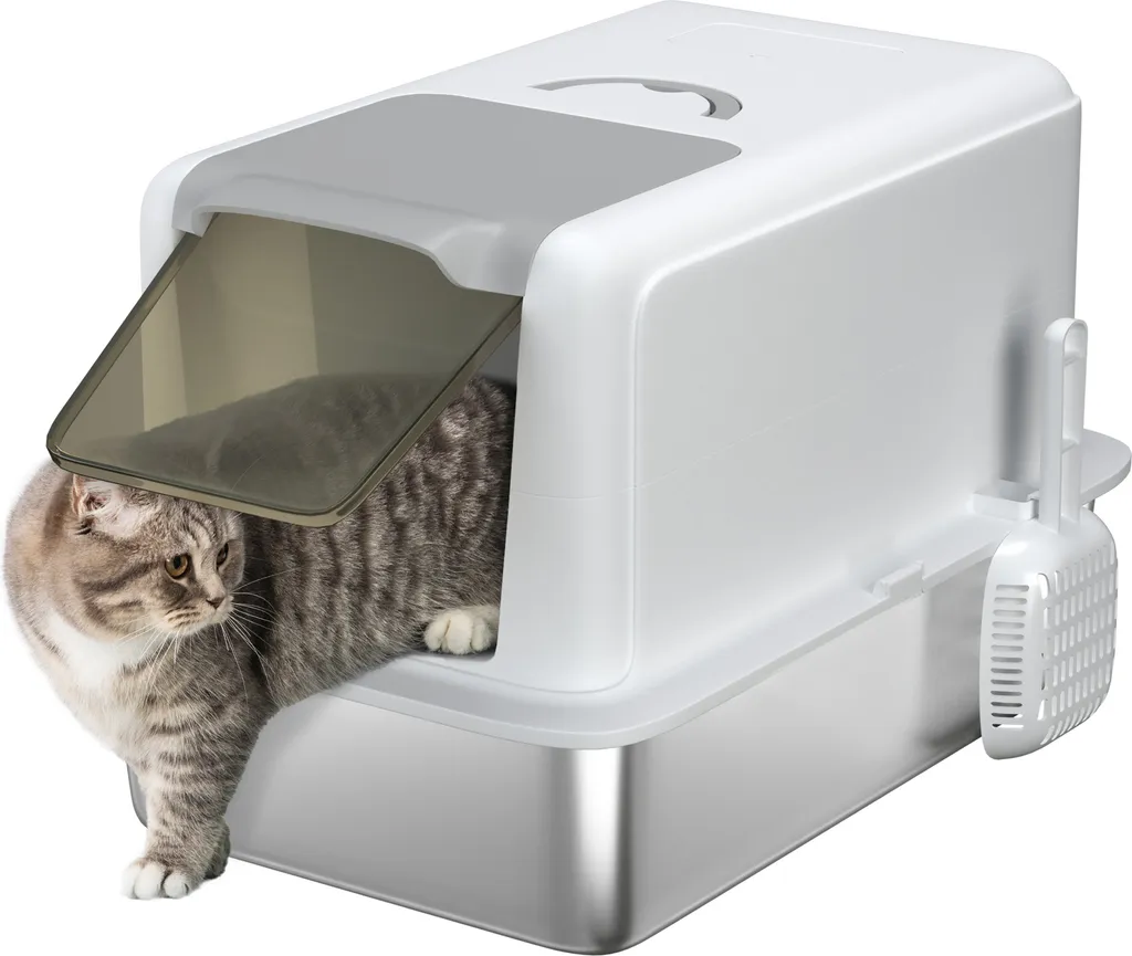PawHut Maison Toilette Inox Chat Fermée Anti-Odeur Blanc Haute Qualité