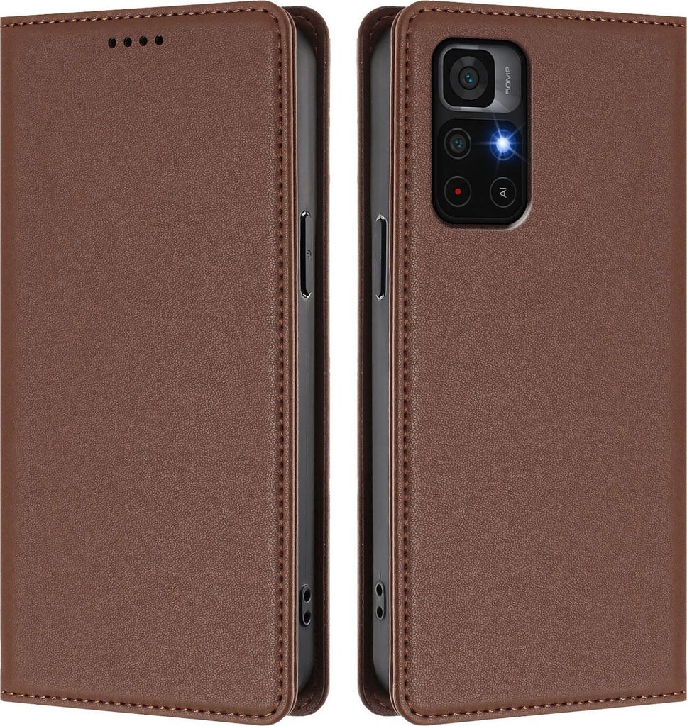 Handyhülle für Xiaomi Poco M4 Pro 5G/Redmi Note 11 5G, Kunstleder Klapphülle Stoßfeste Magnetische Hülle mit Ständer Braun