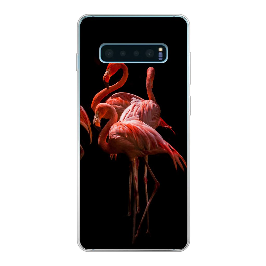 MuchoWow Handyhülle Schutzhülle Hülle für Samsung Galaxy S10 Lite Flamingos - Vögel - Federn - Schwarz Silikon Softcase Handy Hülle - Schutz