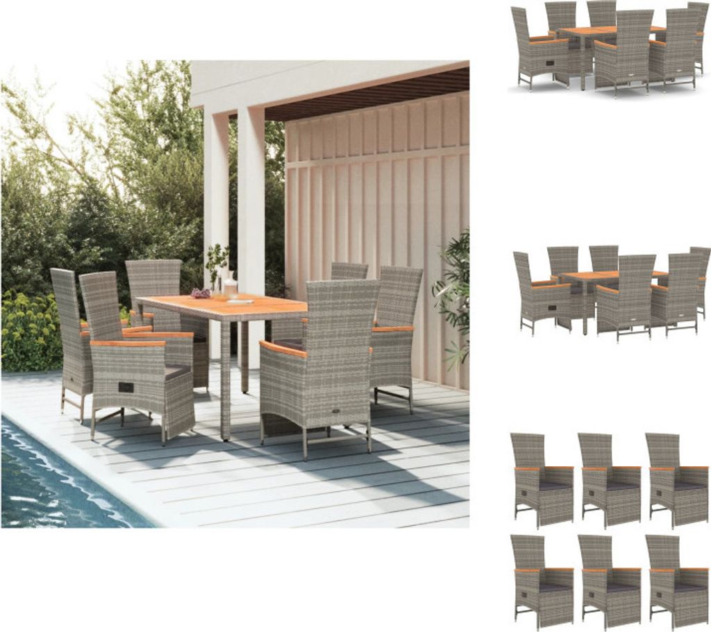 vidaXL 7-tlg. Garten-Essgruppe mit Kissen Grau Poly Rattan - Gartenstühle