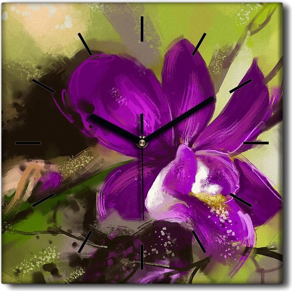 Coloray Uhr auf Leinwand 30x30 cm Wand Uhr Dekoration Wohnzimmer Segeltuch schwarze Hände -Orchidee blüht Natur.