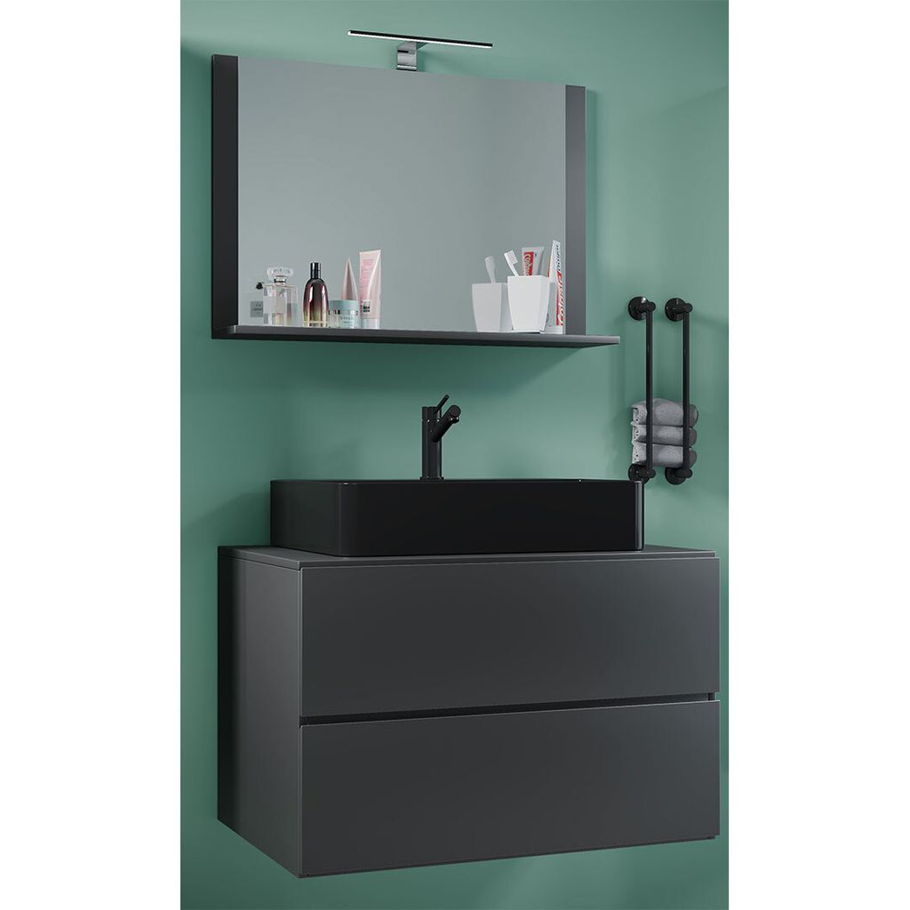 VCM 2-tlg. Waschplatz Waschtisch | schwarzes Waschbecken Unterschrank Breite 80 cm | Badmöbel Set mit Schubladen | Lendas BL