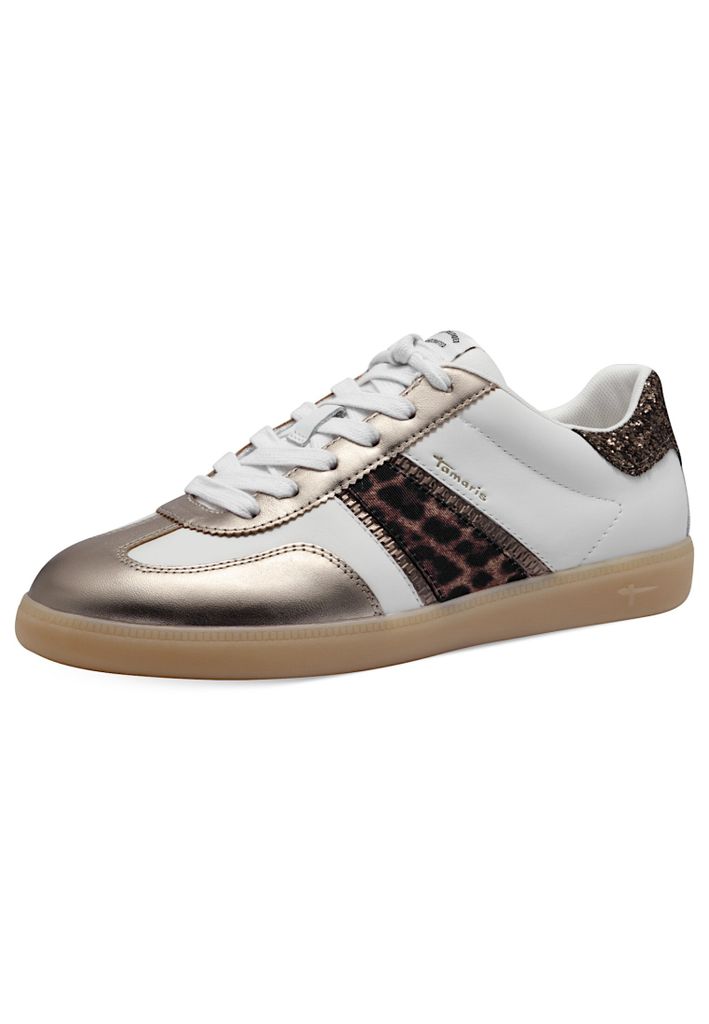 A single white sneaker with bronze and leopard print accents is shown against a white background.