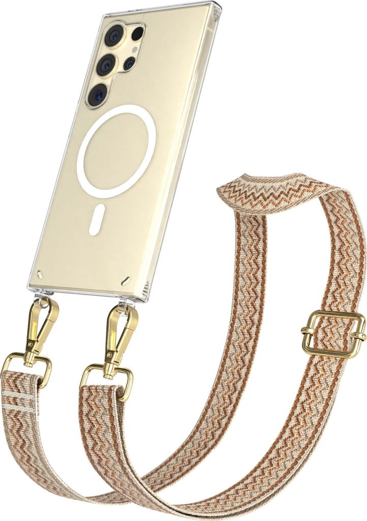 EAZY CASE - Handykette mit MagSafe Hülle für Samsung Galaxy S24 Ultra, Handyband Wave Style, Karabiner Gold, Umhängeband in Braun